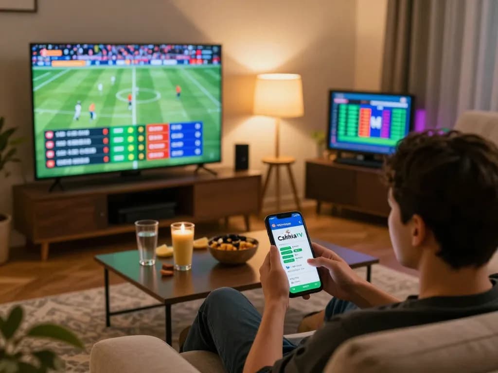 CakhiaTV app shown on smartphone as user places live sports bets in cozy atmosphere.