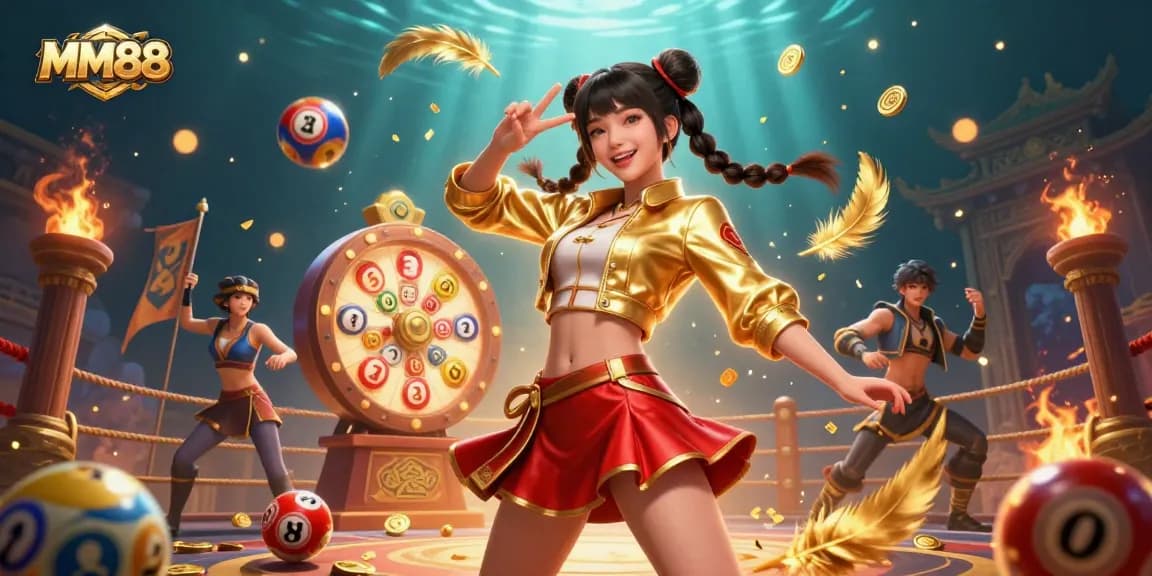 Experience MM88's vibrant gaming atmosphere with a lively Asian character making a peace sign in a colorful casino scene.