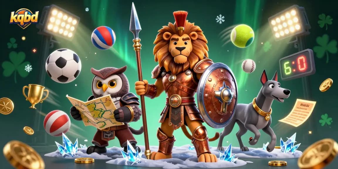 Engage with kqbd, featuring a Spartan lion and owl strategist amidst dynamic sports balls and betting elements.