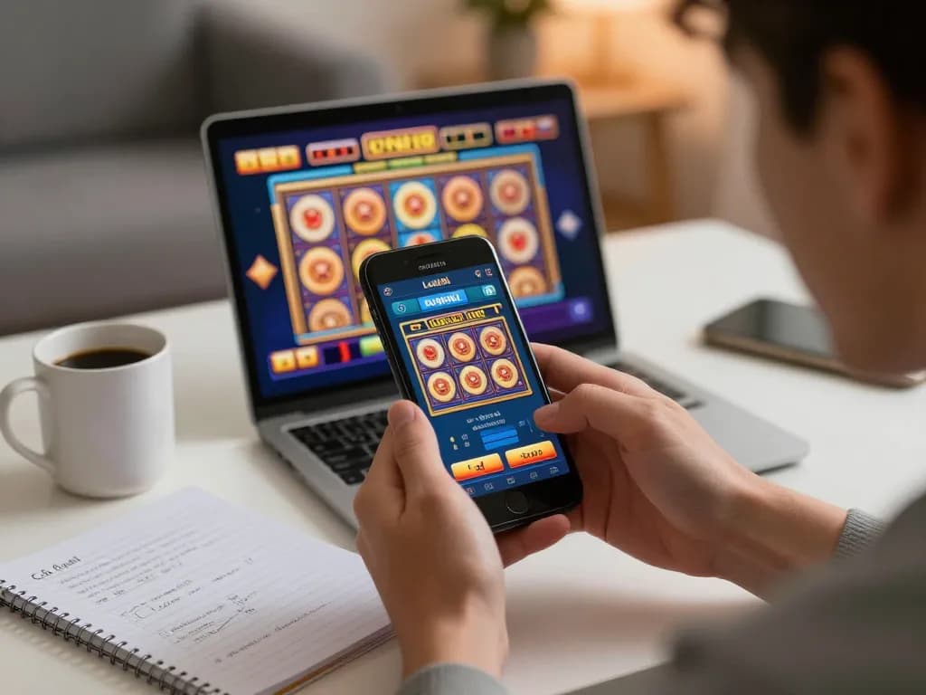 Engaging with the luck8l app for a vibrant slot game experience in a cozy home.