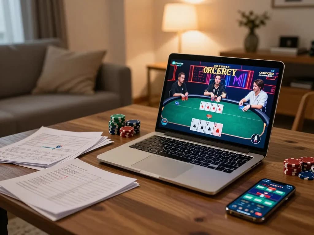Player engaged in online poker at home with XX88 casino app displayed on the laptop screen.
