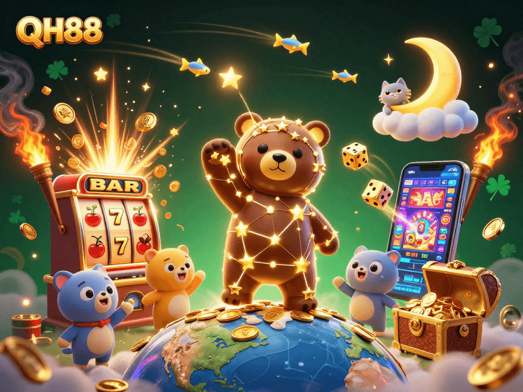 Experience the excitement of QH88, featuring a lively 3D bear collecting coins amidst a vibrant casino scene.