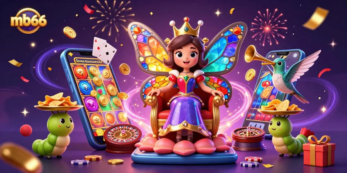 Experience thrilling slots with mb66, featuring a vibrant butterfly queen amidst casino excitement.