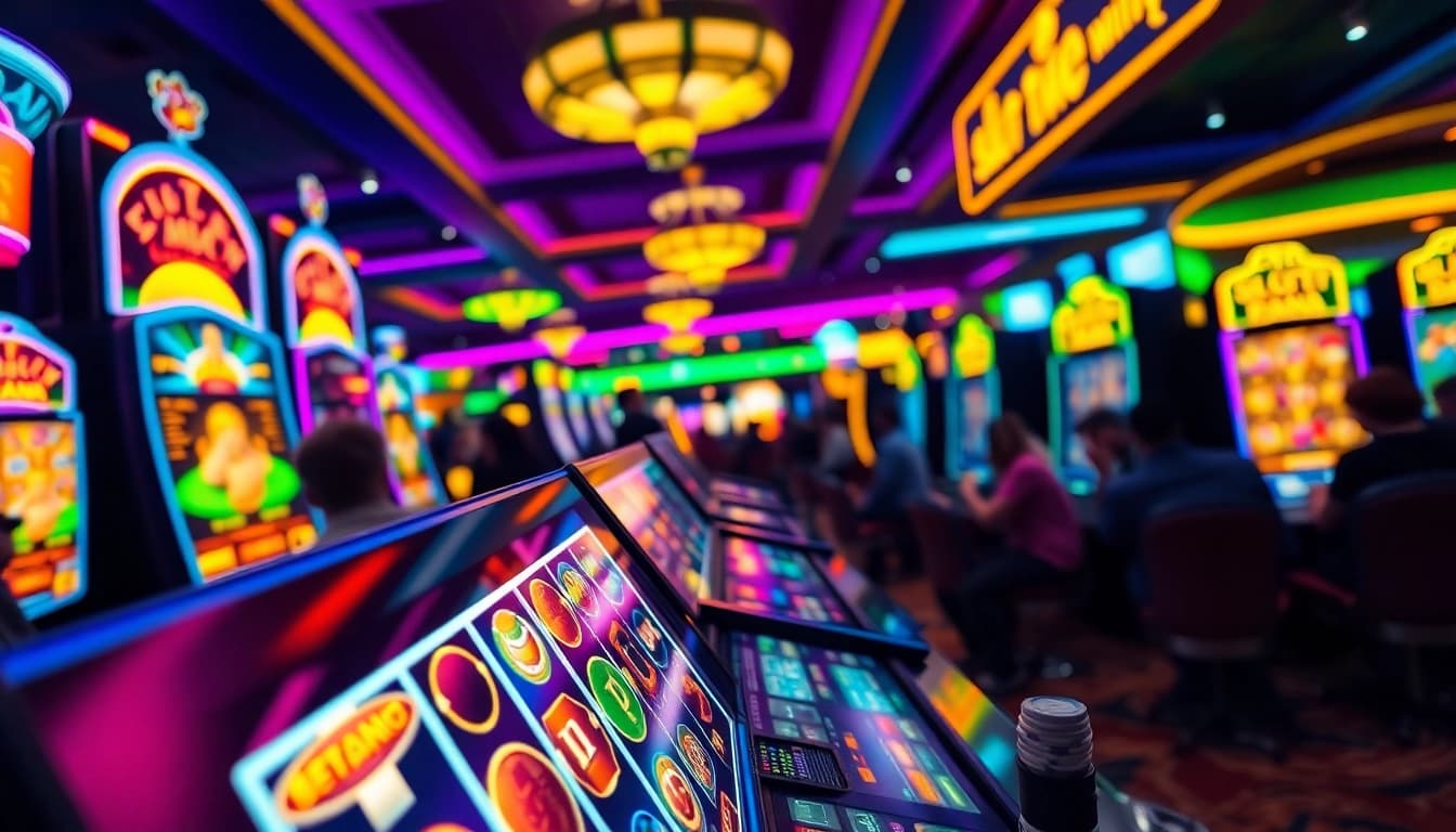 Menang besar dengan Slot Dana dalam suasana kasino yang berwarna-warni dan menyenangkan.