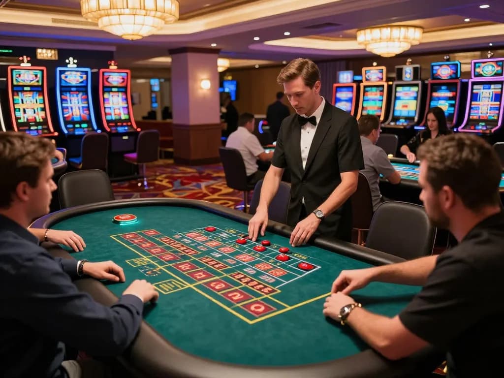 FLY88 enthusiasts placing bets at roulette tables in an upscale casino atmosphere