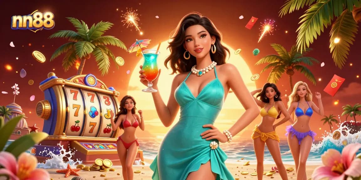 Experience the excitement at nn88 casino with vibrant slot reels and stunning tropical-themed visuals.