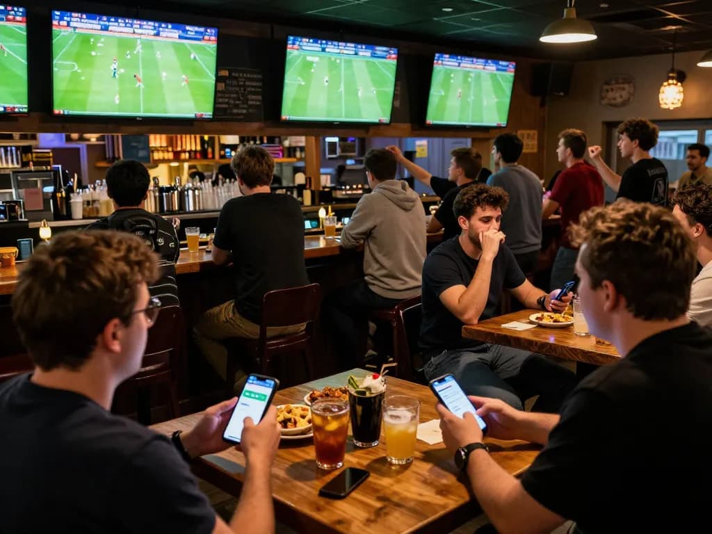 Patrons of tylekeonhacai88 actively engage in sports betting at a lively bar watching live matches.