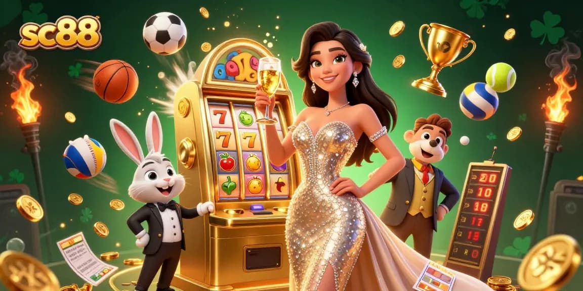 Win big with SC88 in this vibrant casino scene featuring a golden jackpot!