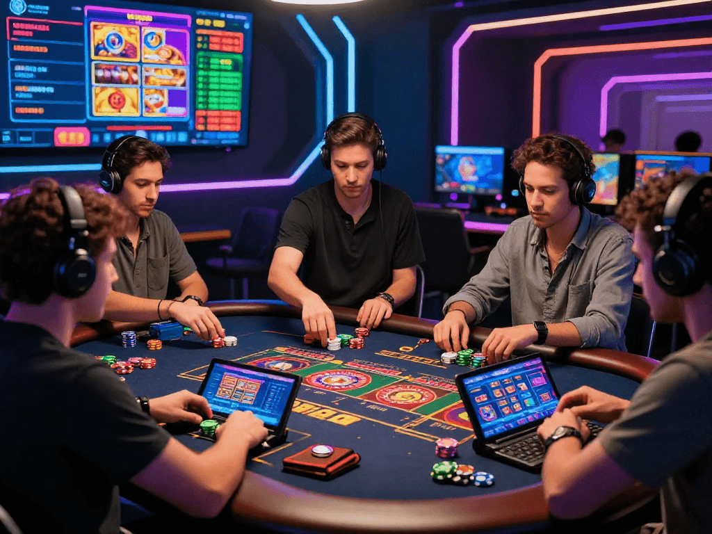 Engaging scene of players at a crypto casino, enjoying diverse games with vibrant digital backgrounds, emphasizing excitement.