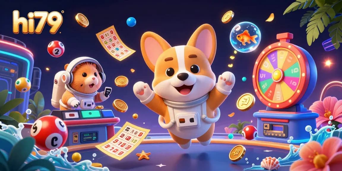 Engage with exciting hi79 casino experiences featuring a 3D astronaut corgi surrounded by vibrant gaming elements.