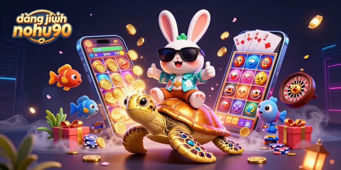 Engage with the vibrant world of đăng nhập nohu90, featuring a lucky rabbit and golden sea turtle in action.