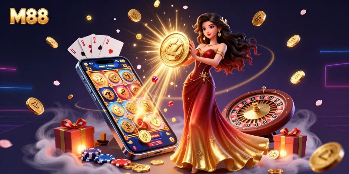 M88 offers thrilling casino experiences with dynamic slot games and golden prizes in this vibrant illustration.
