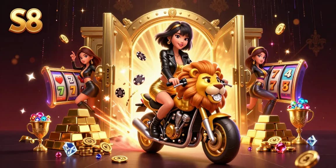 S8 slot gaming adventure featuring an Asian woman riding a golden lion mascot through treasure-filled riches.