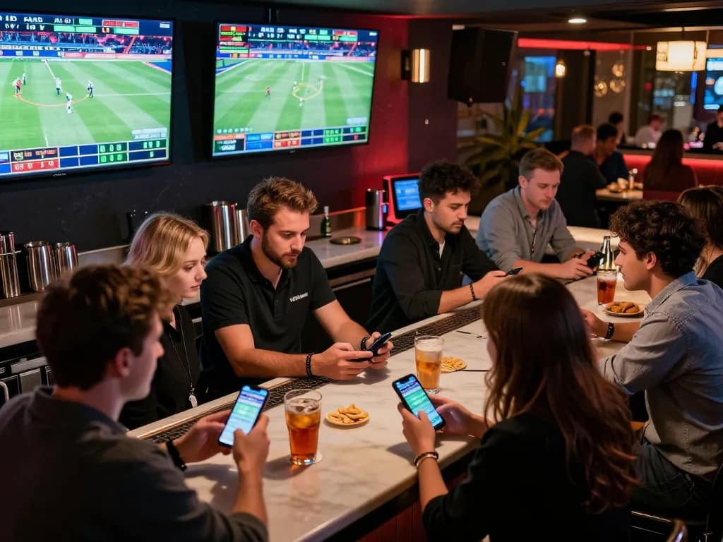 Witness the excitement of vmax sports betting with friends at a lively bar, live games displayed.