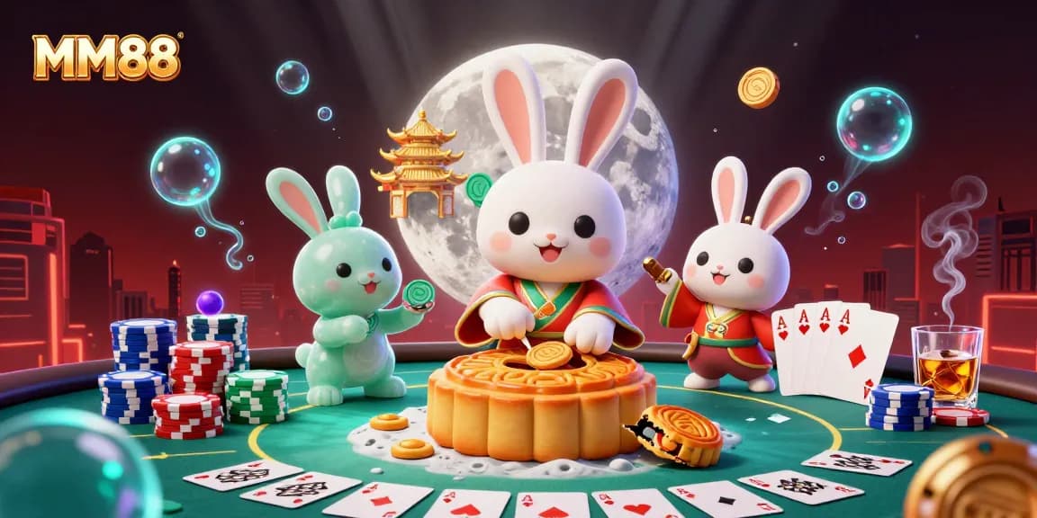 Experience MM88's thrilling casino atmosphere with an enchanting moon rabbit illustration, showcasing poker chips and vibrant gaming elements.