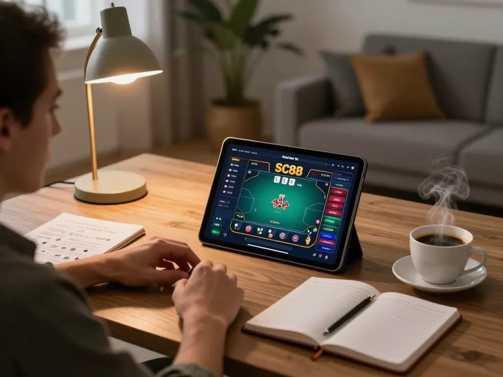 Player engaged in SC88 poker gameplay on tablet with strategic notes and warm ambiance