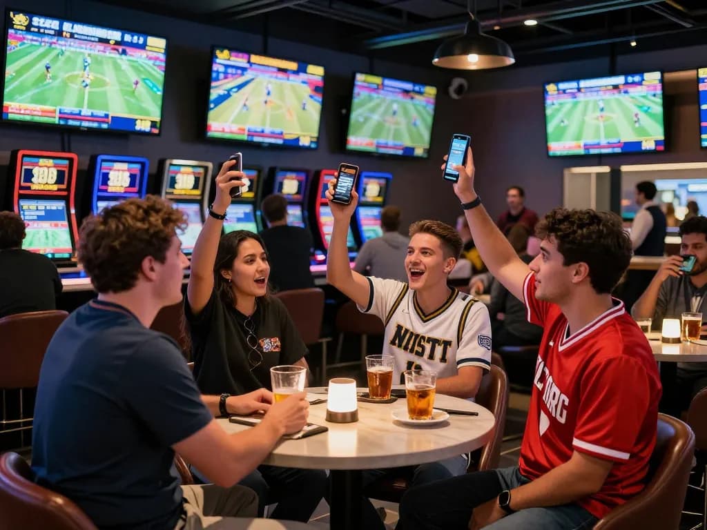 Engaged bettors evaluate odds at a lively soibet sports betting lounge, enhancing excitement.