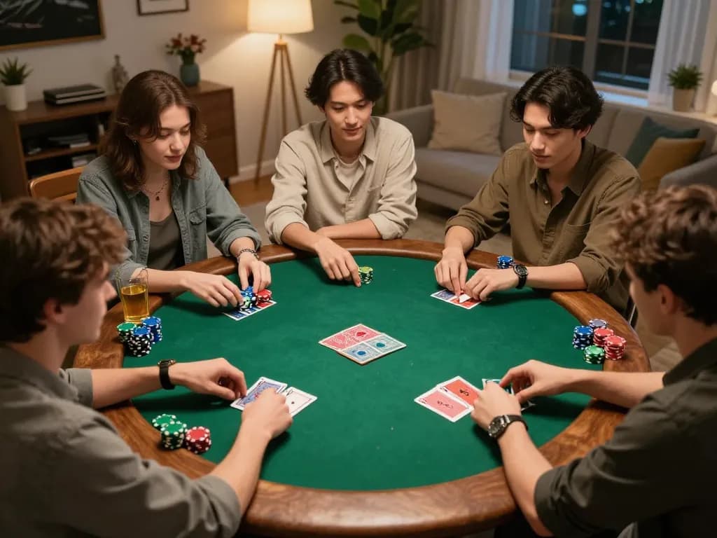 Group of friends enjoying a poker game, focusing on kèo nhà cái strategies in a cozy home setting.