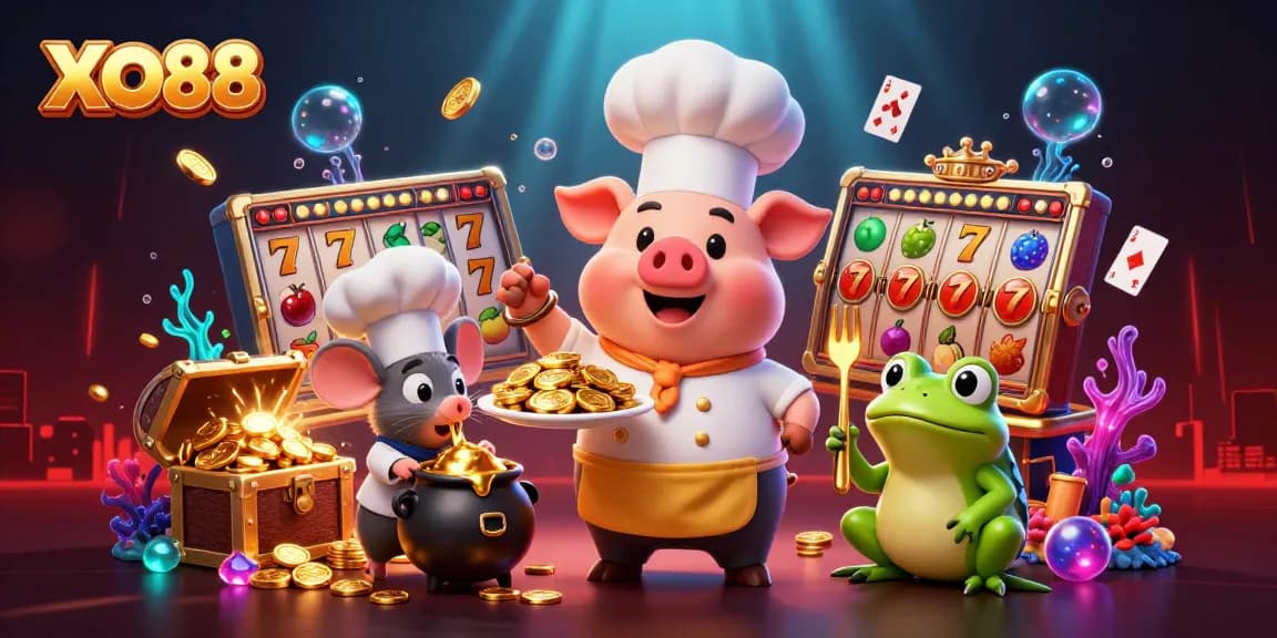 Experience thrilling gameplay at XO88 with a dynamic scene featuring cartoon characters and casino elements.
