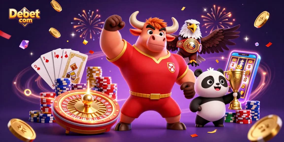 Experience the thrill of Debet com with a celebration of wins and casino excitement featuring vibrant characters.