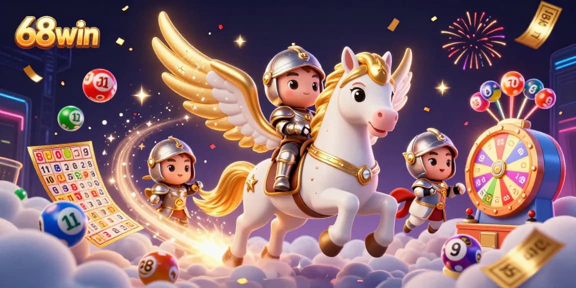 Engage with thrilling games at 68win, featuring a whimsical knight and celestial horse amidst colorful casino elements.