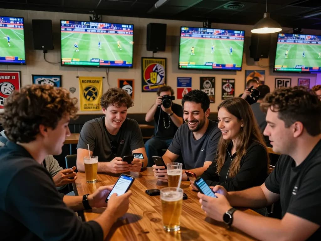 Engaged sports enthusiasts using keonhacai5 to manage bets in an exciting sports bar environment.