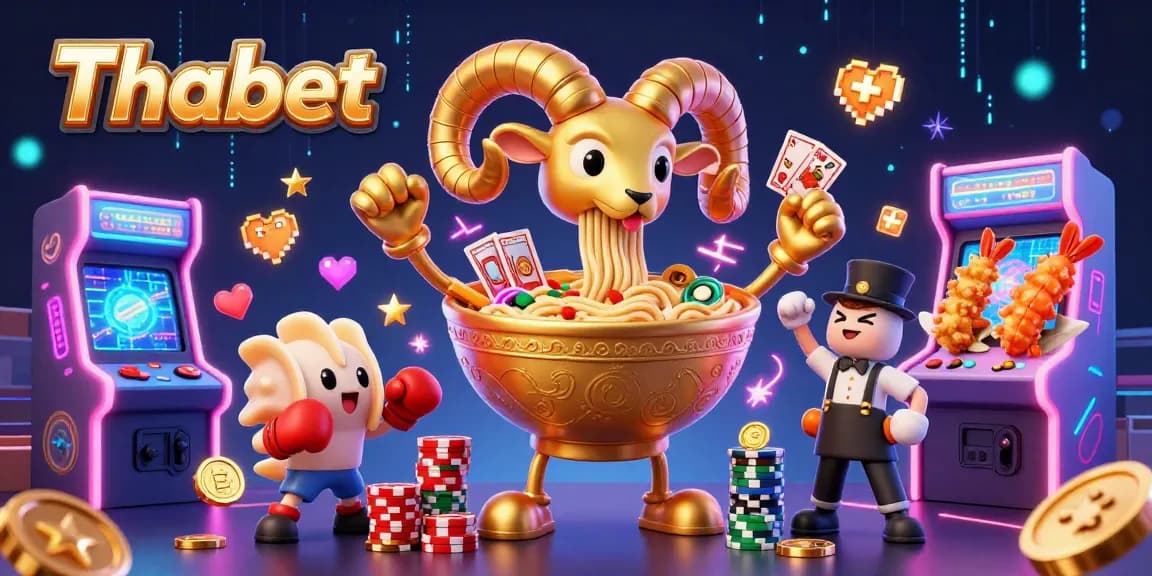Engage with the vibrant Thabet casino world featuring a golden ramen bowl dealer and sushi roll companion in a lively gaming scene.