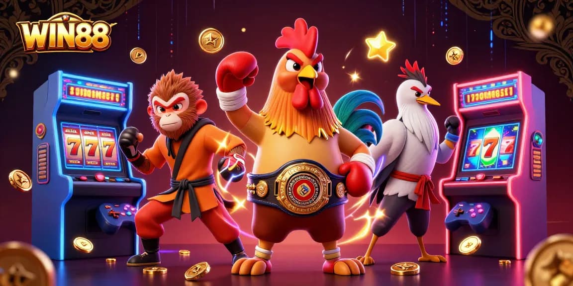 Experience exciting gameplay at WIN88 with a dynamic scene featuring mythical warriors and casino elements.