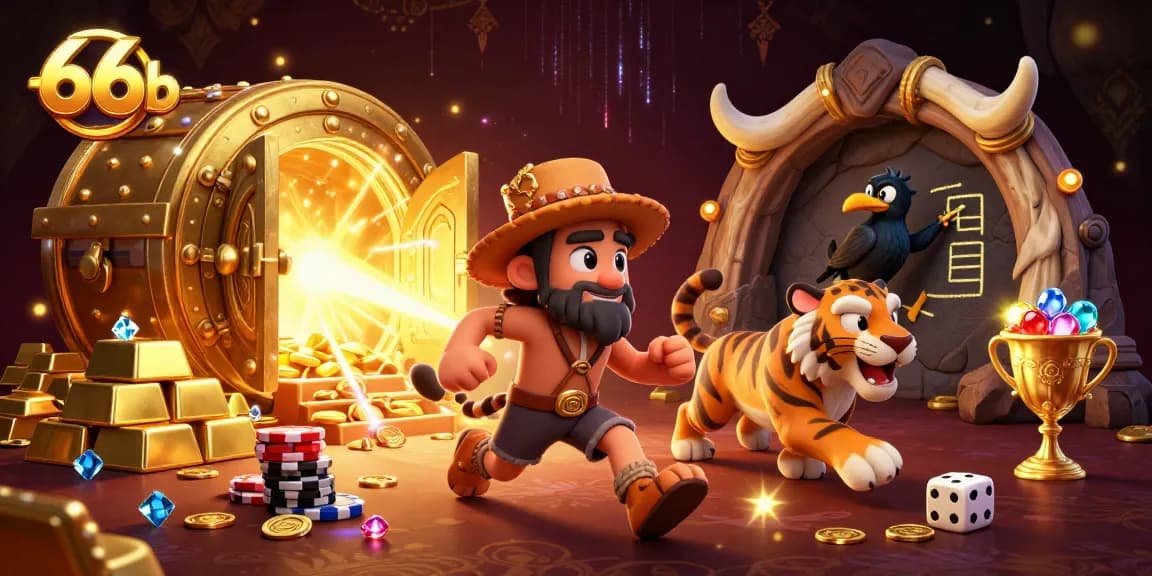 66b offers thrilling gaming with caveman duo and rich casino elements in this vibrant illustration.