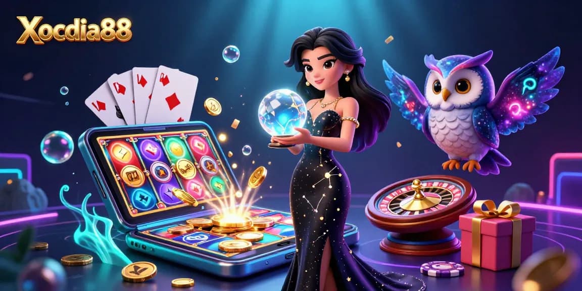 Xocdia88 features a stunning woman in a black gown with a crystal ball, surrounded by vibrant casino elements.