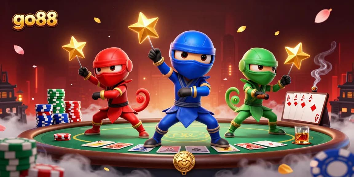 Experience exciting poker action with go88's vibrant ninja chameleons and stunning casino elements.