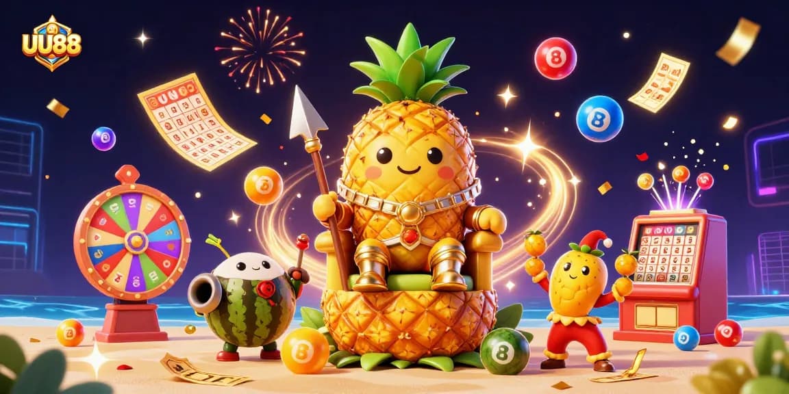 Experience exciting gaming with UU88's vibrant illustration of a casino scene filled with fun elements.