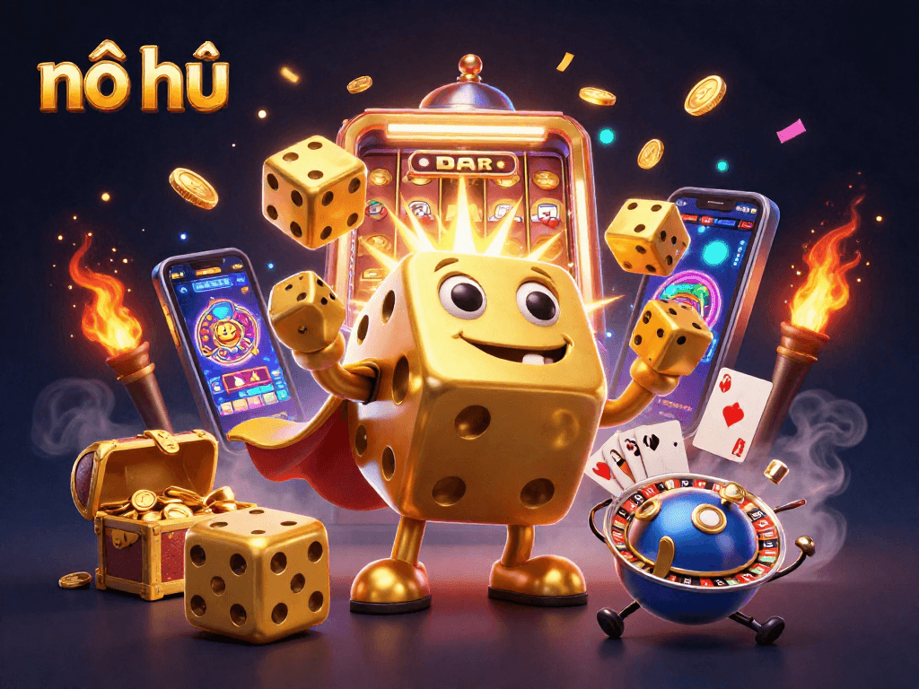 Nổ hũ gaming world comes alive with golden dice golem and jackpot slot machine bursting coins