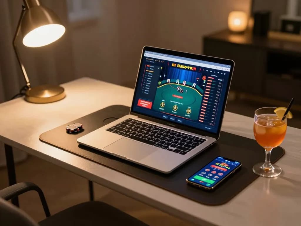 Engaging in online poker gameplay using debet15; laptop displaying game interface with stacked chips, warm home ambiance.