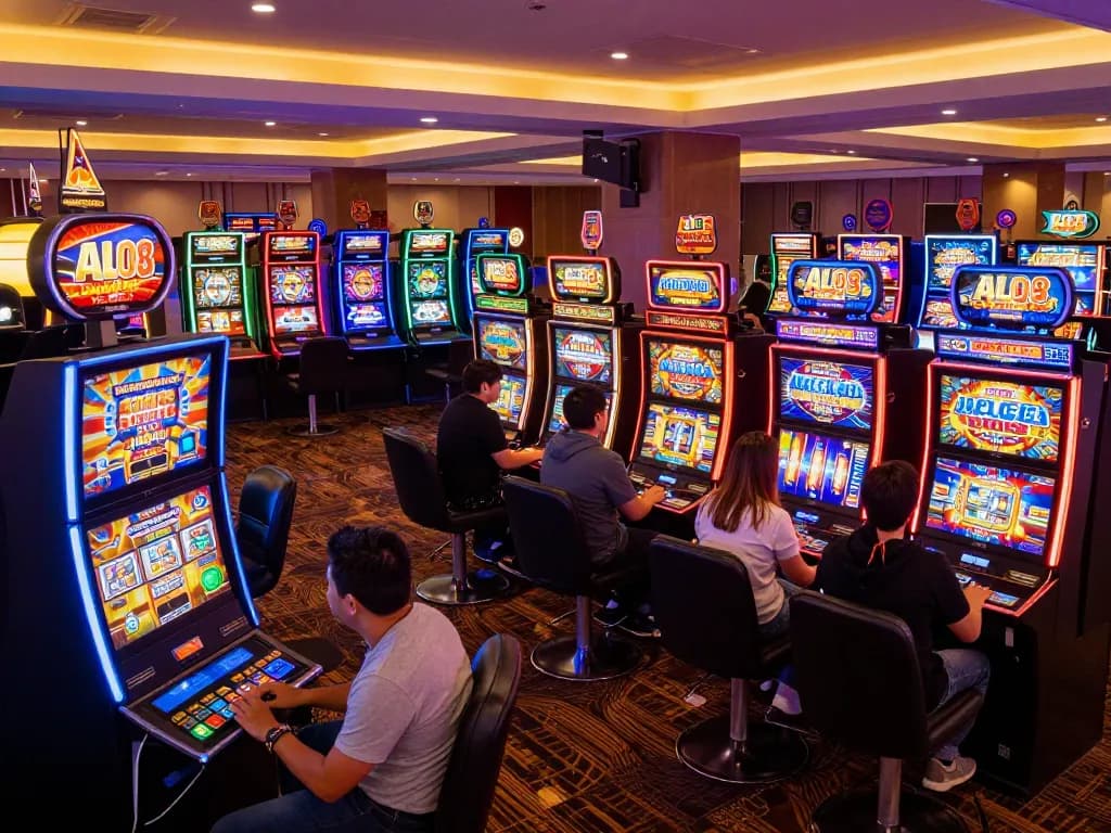Players enjoying ALO8 slot machine games with vibrant lights and energetic atmosphere