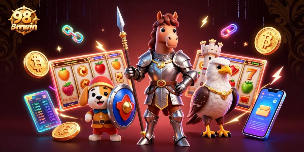 Play and win at 98win with dynamic slot games and medieval characters in a vibrant 3D scene.