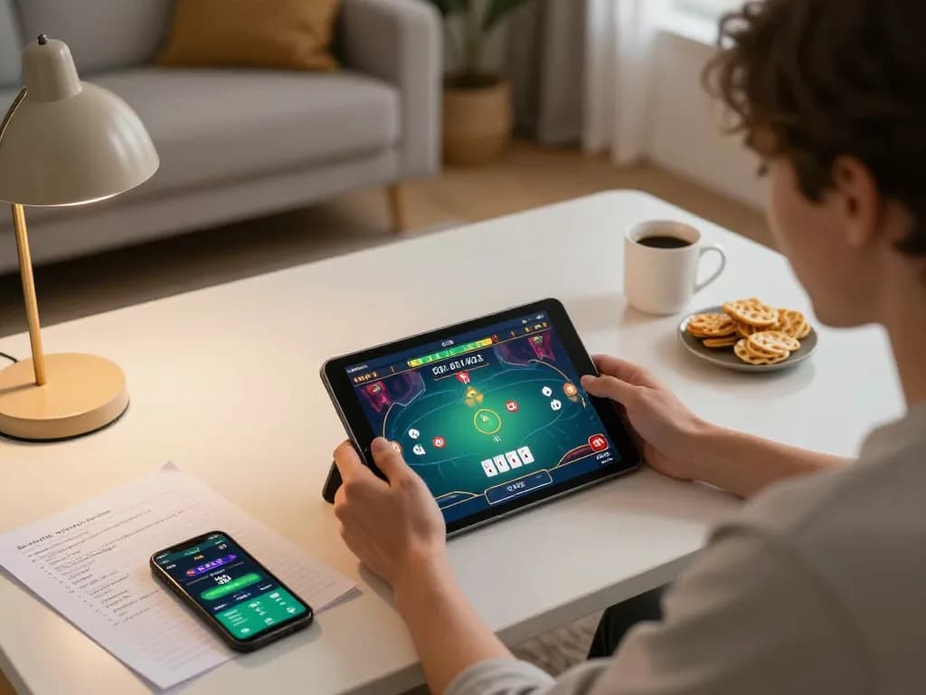iwin player engaged in poker strategies at home with tablet illuminating gaming interface.
