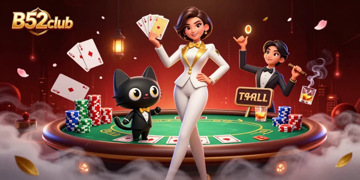 B52club offers a thrilling poker experience, featuring glamorous characters and dynamic chip stacks.