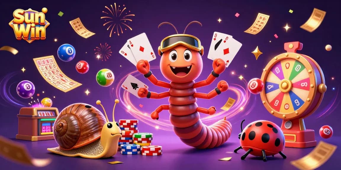 Engage with the excitement of Sun Win as a cartoon millipede dealer shares game cards and lottery elements in a vibrant casino scene.