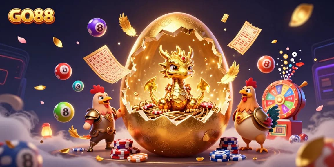 Experience the excitement of GO88 with a golden dragon and lively casino elements in this vibrant illustration.