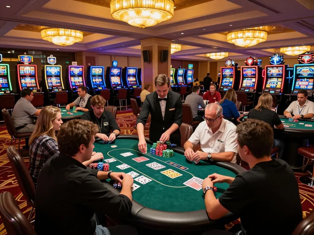 Players strategizing at a poker table in a vibrant casino setting, enhancing their chances with alo8's strategies.
