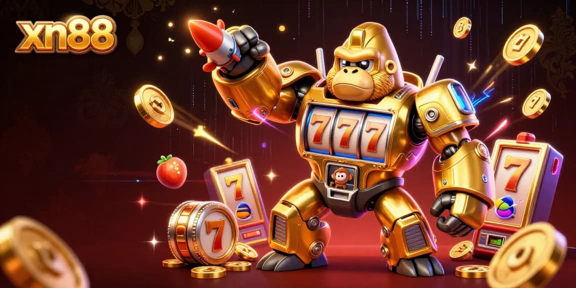 Experience the thrill of xn88 with a golden gorilla mech and explosive coins in this dynamic casino illustration.