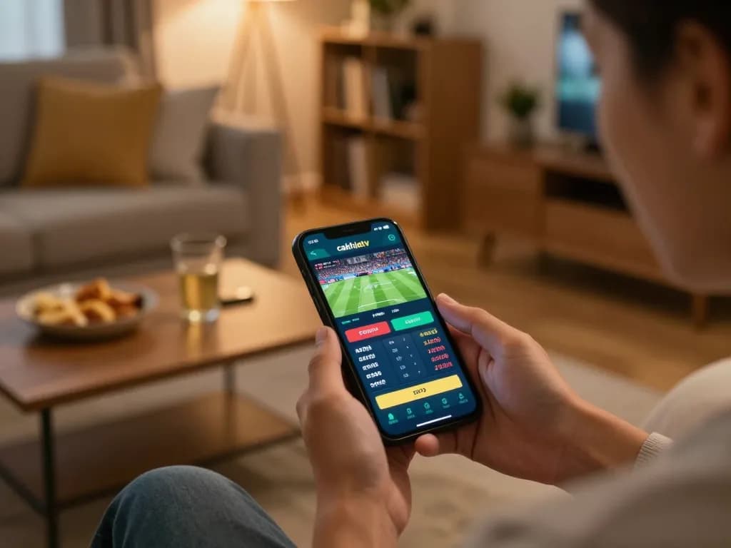 Person placing sports bets using the cakhiatv app during live football match.