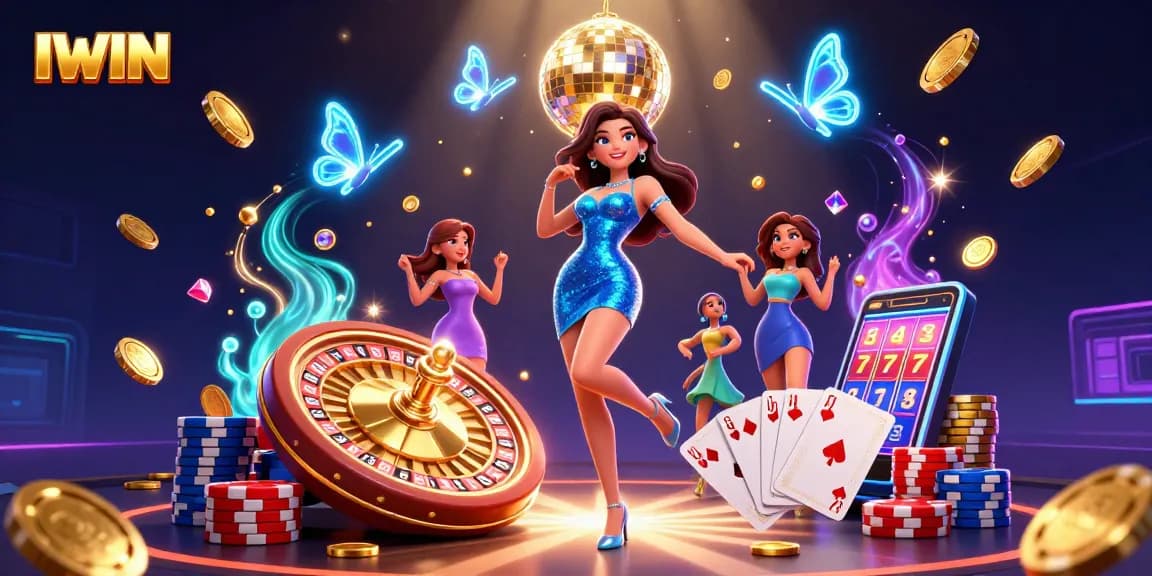 IWIN offers an exciting gaming experience with dynamic opportunities, featuring a glamorous atmosphere filled with slot machines and casino elements.