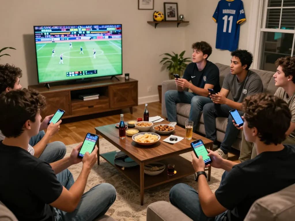Engaging friends placing bets on a sports app during a thrilling live game, featuring mb666.