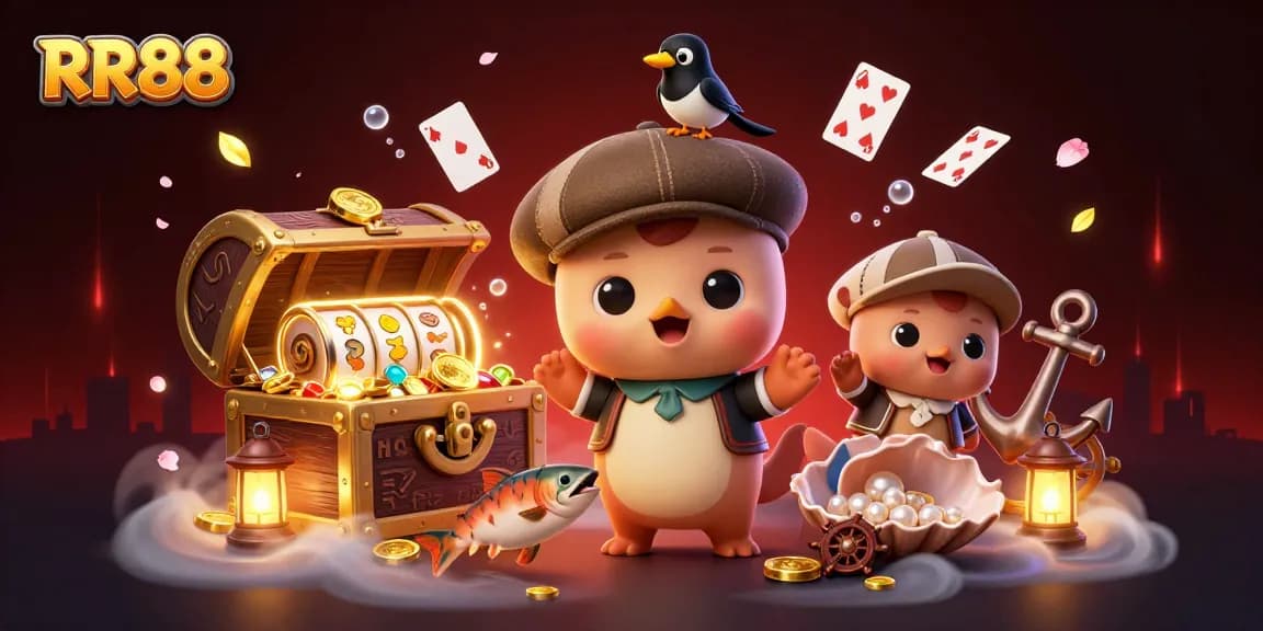 Engage with RR88's thrilling casino experience featuring playful characters amid gold treasures and vibrant gaming elements.