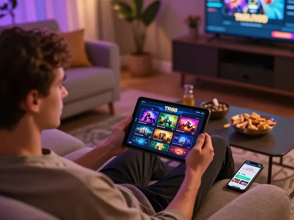 Engaging home gaming experience with TR88 online casino displayed on tablet, showcasing strategic gameplay and comfort