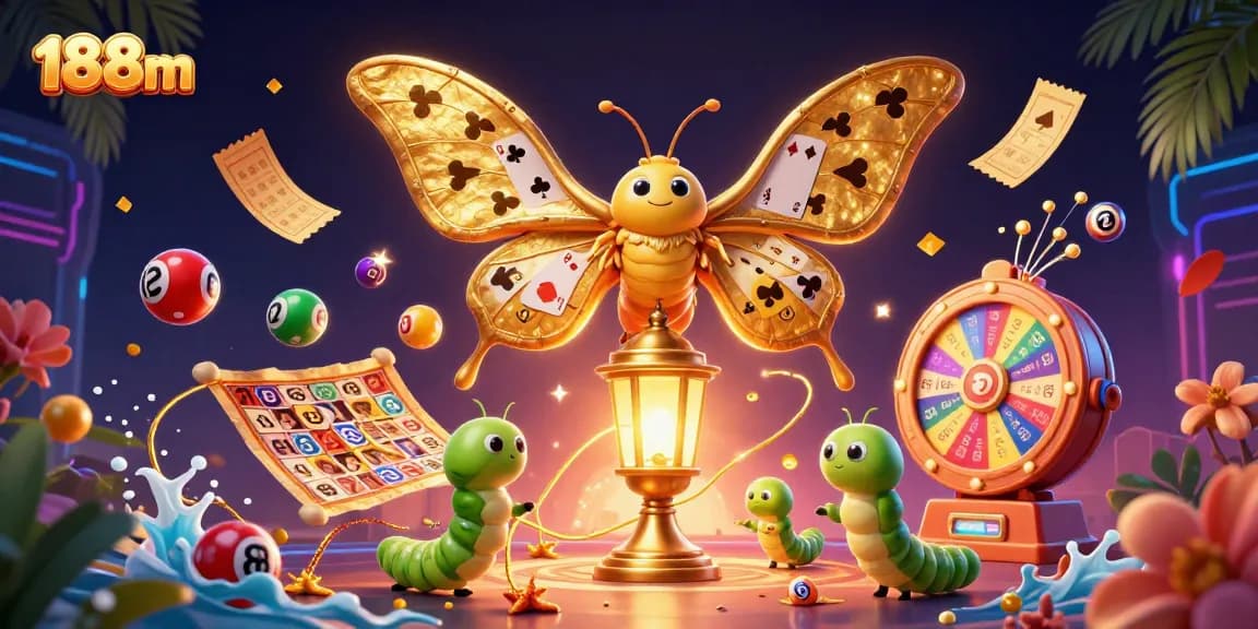 Engage with the vibrant world of 188m casino with lottery balls, colorful elements, and captivating characters.