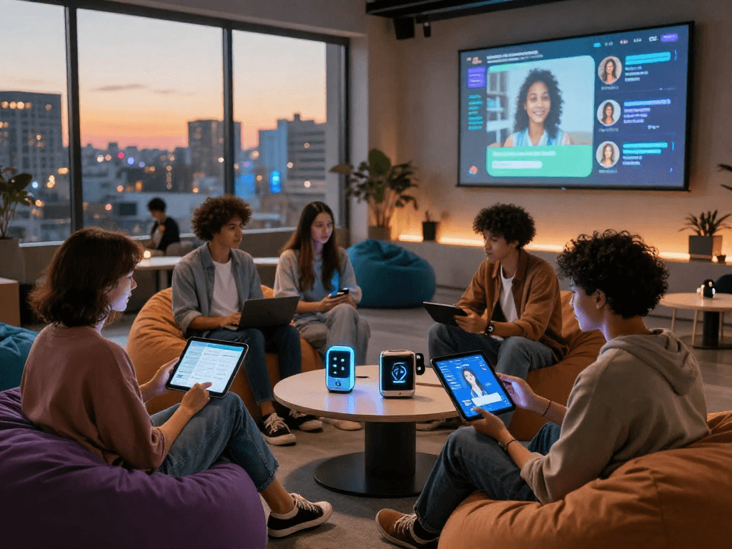 AI girlfriend app showcased in a cozy digital lounge setting with diverse friends connecting.