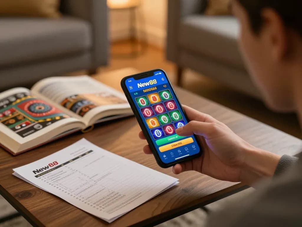 Engaging with the New88 mobile casino app for strategic gameplay at home, focusing on responsible gambling.
